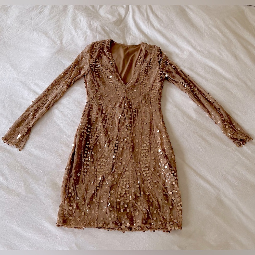 Khaki/ neutral sequin cocktail dress